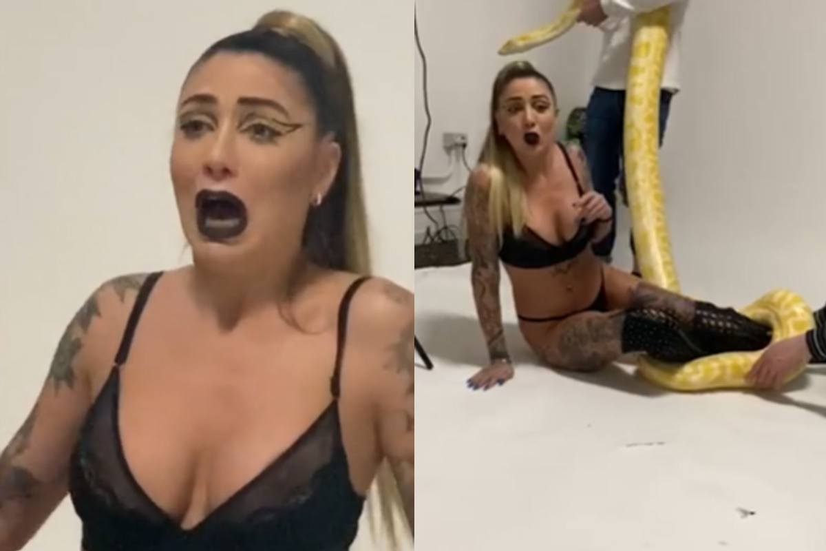 Lingeriemodel staat doodsangsten uit tijdens fotoshoot met GIGANTISCHE slang (video)
