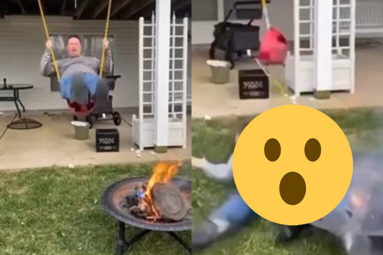 WAREMPEL: Man ontdekt dat schommelen bij een brandend vuurtje GEEN goed plan is! (video’s)