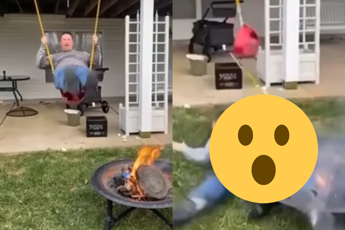WAREMPEL: Man ontdekt dat schommelen bij een brandend vuurtje GEEN goed plan is! (video’s)