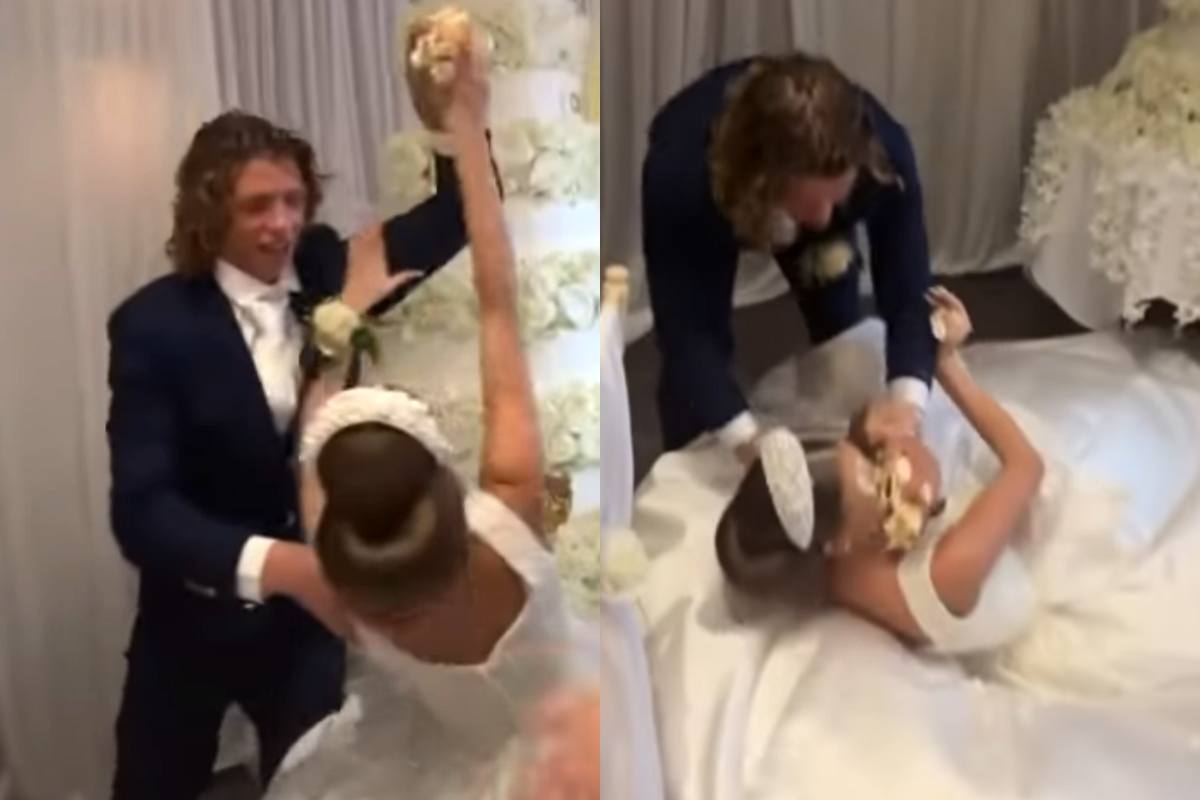 Ophef over hardhandige manier waarop bruidegom zijn bruid behandelt: “Wat een eikel!” (video)