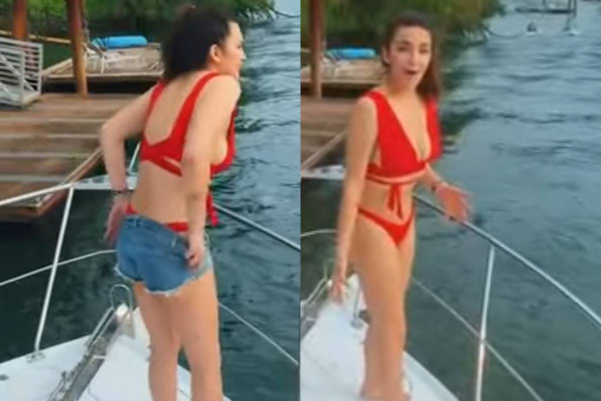 Dame in bikini trekt haar shortje even uit op boot. Maar dan? WOOPS! (fails)