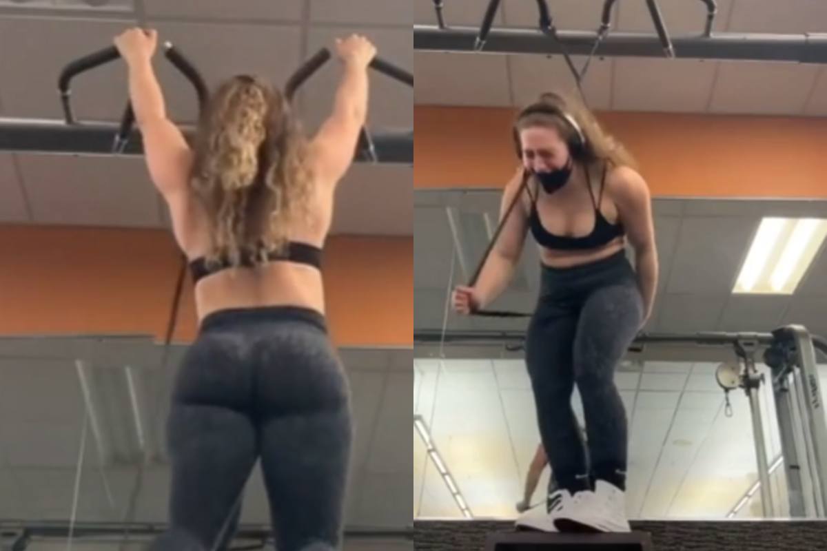 Sportieve dame doet stevige work-out met elastiek. Maar dan? AUCH! (fails)