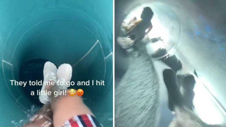 OH NEE! Man gaat van glijbaan in zwembad, maar knalt op meisje: «Zo erg voor haar!» (video)