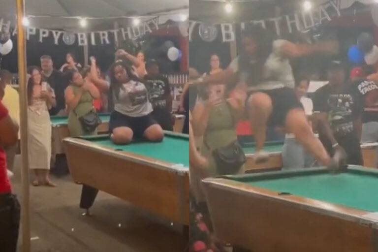 Vrouw laat zich volledig gaan op pooltafel. Maar dan? AUCH! (fails)