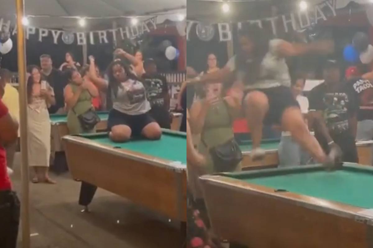 Vrouw laat zich volledig gaan op pooltafel. Maar dan? AUCH! (fails)