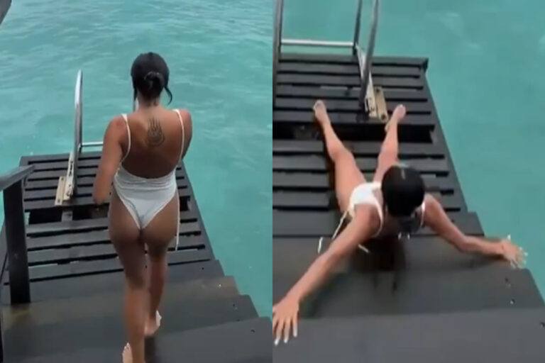Influencer geeft in badpak een mooie rondleiding. Maar dan? AUCH! (fails)