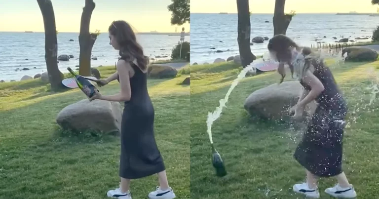 Dame opent fles champagne op straffe wijze. Maar dan? WOOPS! (fails)