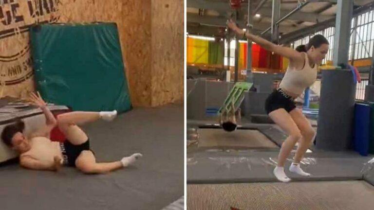 Atlete doet enorme salto op trampoline, maar bij de landing loopt het gevaarlijk mis: «Oh mijn God!» (video)