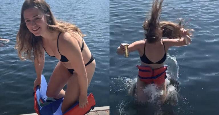 Dame draagt zwemvest ‘als een luier’ en springt het water in. Waarom? GENIAAL! (video)