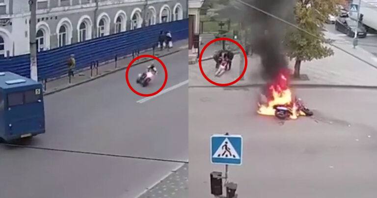 Motard weet botsing met bus nipt te voorkomen. Maar wat volgt? WOW! (video)