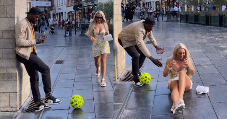 WOOPS: Dame gaat stevig tegen de vlakte na ‘prank’ van freestyle voetballer (fails)