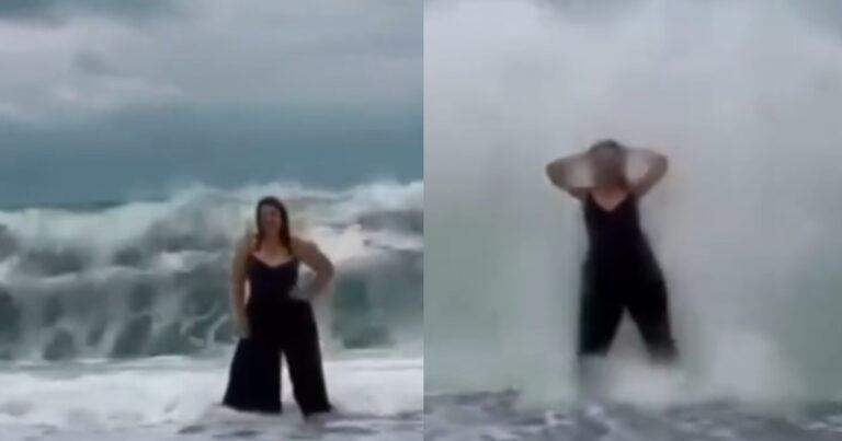 Dame poseert aan de zee. Maar achter haar rug? Een GROTE golf! (fails)