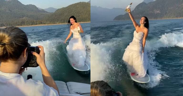 Avontuurlijke bruid surft in trouwjurk voor fotoshoot: “Zo stoer!” (video)