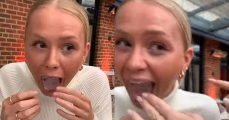 Dame steekt (te) groot ijsklontje in haar mond. Wat volgt? PROBLEEM! (fails)