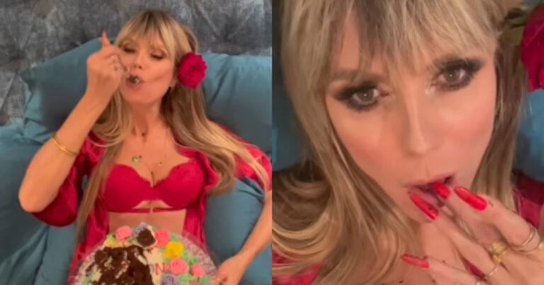 Heidi Klum viert ’10 miljoen fans’ door in rode lingerie taart te eten: “Bedankt!” (video)