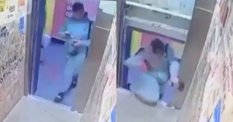 Man stapt rustig de lift in. Maar plots? LEVENSGEVAARLIJK! (video)