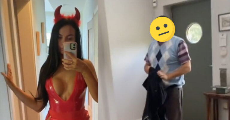 Dochter toont haar pikante halloweenoutfit aan haar papa: “Hij is duidelijk niet akkoord!” (video)