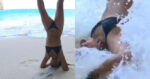 Dame waagt zich aan straffe yogaoefening op het strand. Maar dan? WOOPS! (fails)