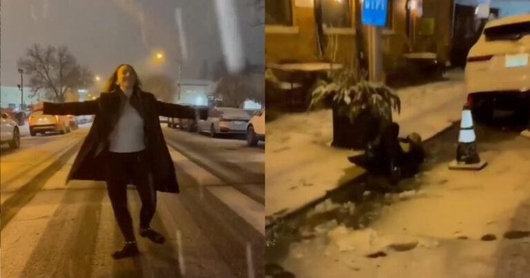 Dame die voor eerste keer sneeuw ziet vallen, is iets té enthousiast… (video)