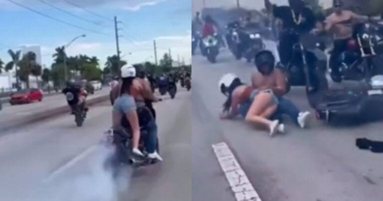 WOW: Stunt van motard en dame eindigt met stevige valpartij (video)