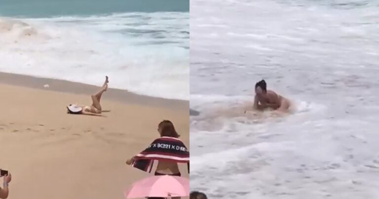 Influencer in bikini poseert op bizarre wijze. Maar dan? WOOPS! (fails)