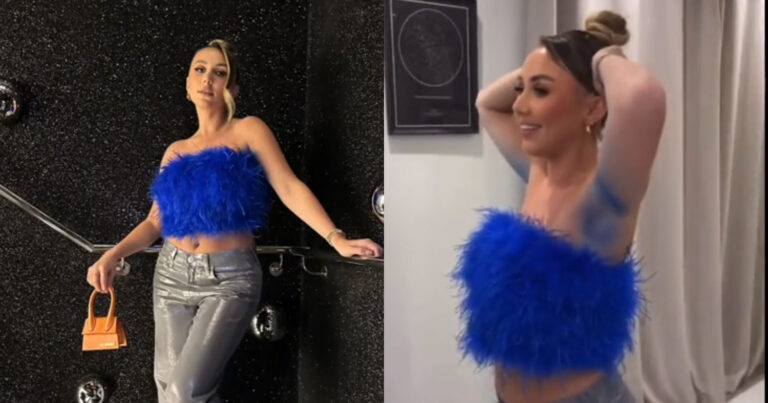 Dame gaat feesten in opvallend topje, maar beklaagt het zich al snel: “Ik lijk wel een kerstsmurf!” (video)