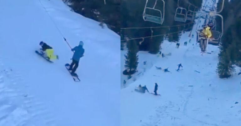 Snowboarder mispakt zich volledig aan sleeplift. Gevolg? CHAOS! (video)