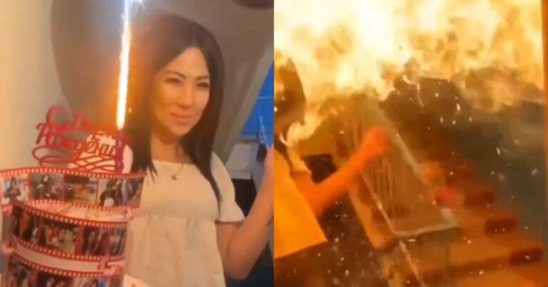 Dame wil verjaardag op straffe wijze vieren. Niet veel later? VUURBAL! (video)