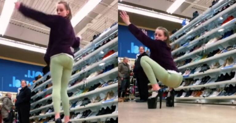 Dame toont even hoe ze op hoge hakken kan lopen. Maar dan? WOOPS! (fails)