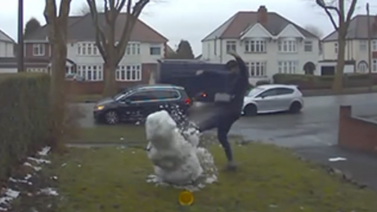 WTF. Zinloos geweld: man stapt uit auto om sneeuwman van meisje te vernielen (video)