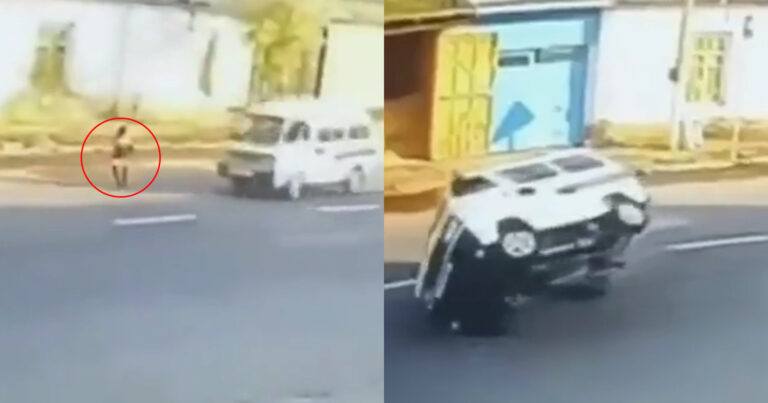 Chauffeur van busje ontwijkt voetgangster op SPECTACULAIRE wijze! (video)