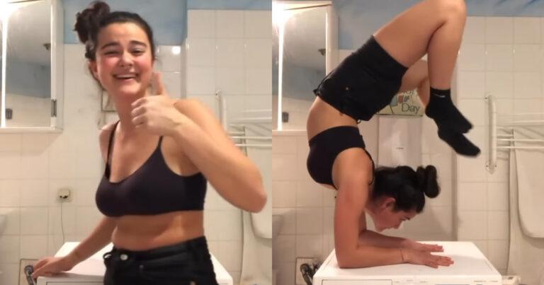 Lenige dame wil even tonen wat ze kan. Maar dan? WOOPS! (fails)