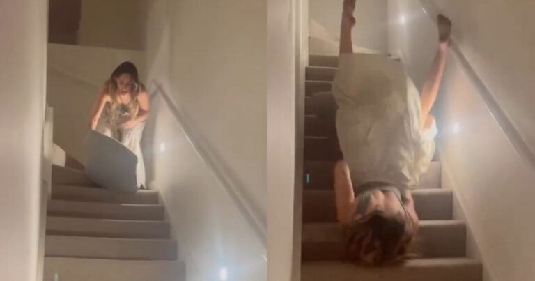 Dame wil van trap schuiven, maar dat was GEEN goed plan: “Wat had ze verwacht?!” (fails)