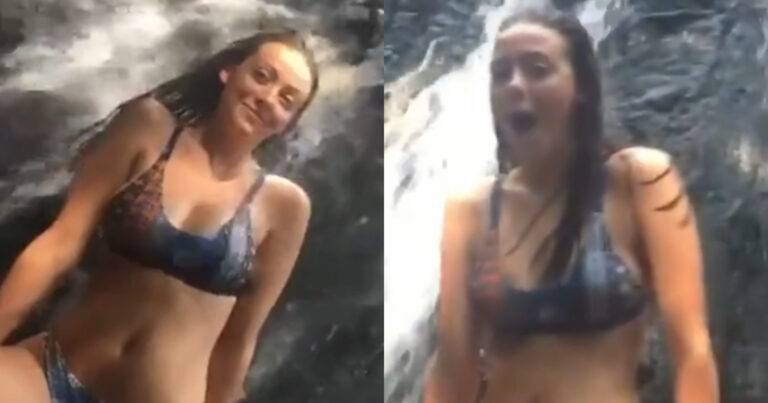 Dame poseert in bikini bij waterval, maar plots gaat pechvogel met alle aandacht lopen! (fails)