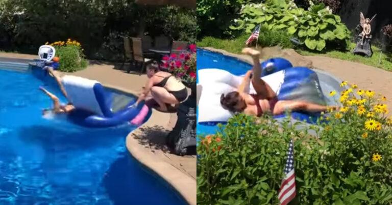 Stuntelige vrouw sukkelt met opblaasbare ligzetel: “Derde keer, goede keer!” (fails)