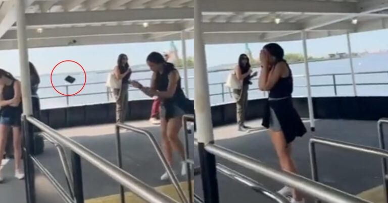 Vrouw wil op boot even tonen wat ze kan. Maar dan? Smartphone overboord! (fails)