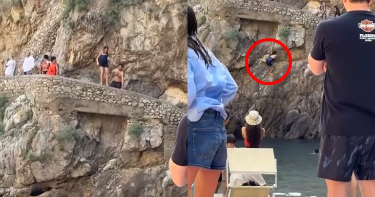 Vrouw wil vanop muurtje in het water springen. Maar dan? AUCH! (fails)