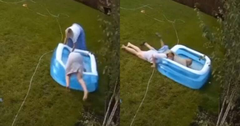 Dames proberen zwembadje leeg te maken. Resultaat? KLETSNAT! (fails)