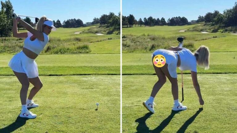 Bekende golfster trekt aandacht met opvallende pose: «Die outfit leidt wel héél hard af!» (video)