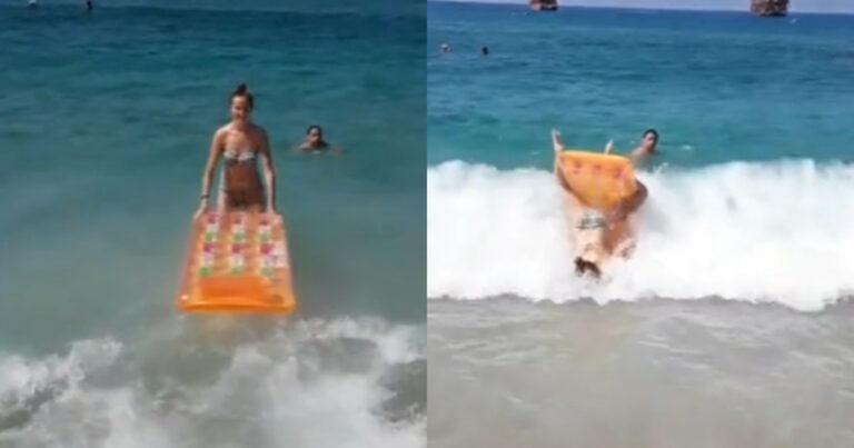 Dame wil even ‘surfen’ op luchtmatras. Maar dan? WOOPS! (fails)