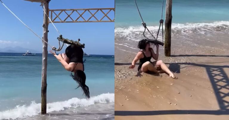 Dame op schommel wil even tonen wat ze kan. Maar dan? AUCH! (fails)