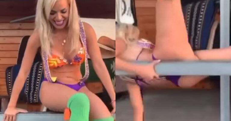 Dame poseert op dunne balk. Maar dan? AUCH! (fails)