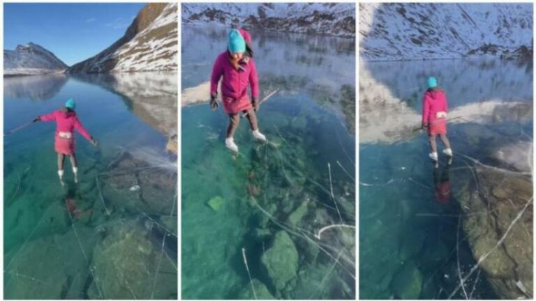 Deze video van een schaatser op een glashelder meer lijkt bijna fake: “Nog nooit zoiets gezien” (video)