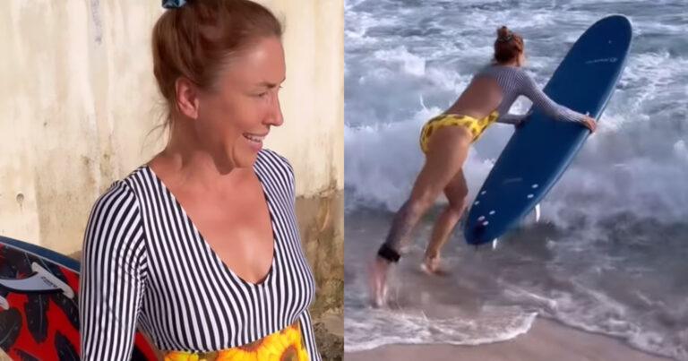 Zangeres Natalia geniet van de golven: “Wat een mooi badpak!” (video)