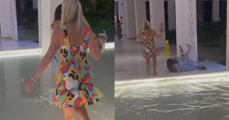 Dames wandelen door fontein. Maar dan? AUCH! (fails)