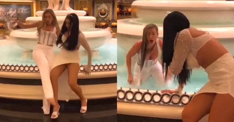 Dames poseren bij fontein. Maar dan? KLETSNAT! (fails)