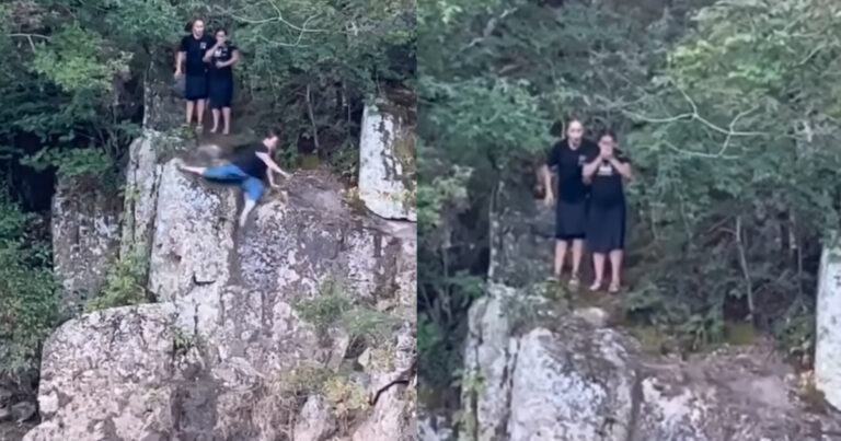 Vrouw wil vanop rots in water springen maar twijfelt op allerlaatste moment. Gevolg? AUCH! (fails)
