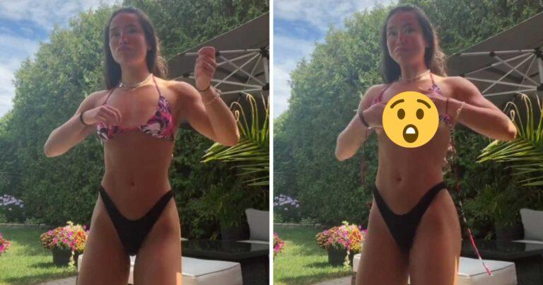 Influencer doet dansje, maar dan komt haar topje plots los: “Bijna zag je mijn borsten!” (video)