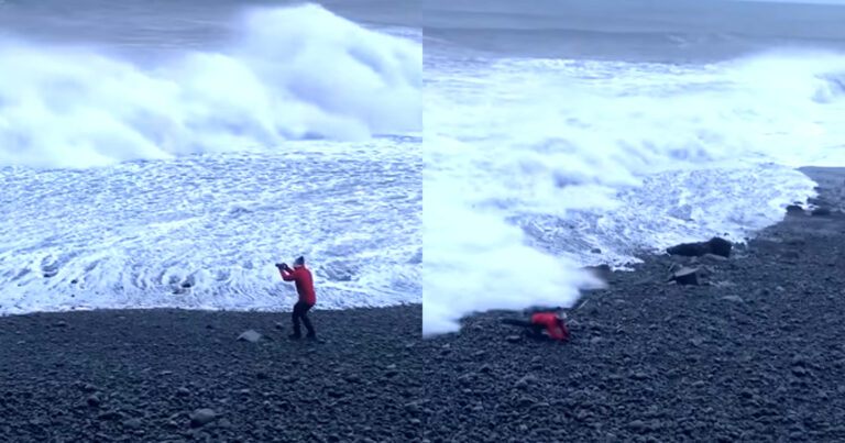 Fotograaf gaat voor het ‘perfecte plaatje’ van woeste zee. Maar dan? KLETSNAT! (fails)
