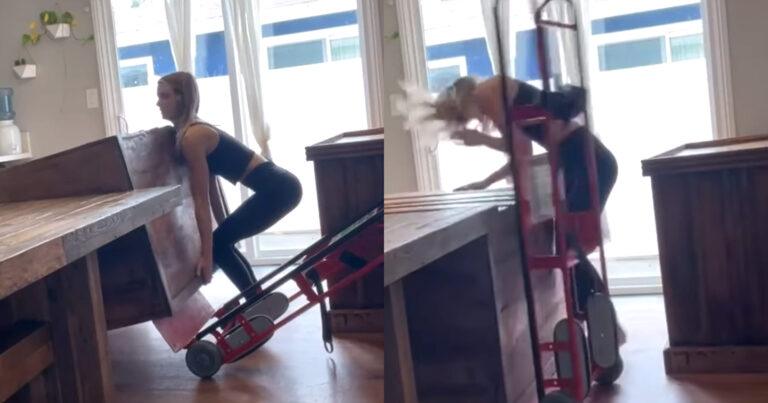 Dame wil zware kast verplaatsen. Maar dan? AUW! (fails)